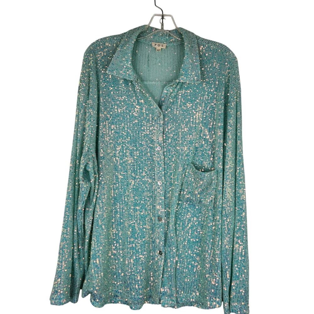 POL Green Sequin Button Down Blouse Women's Medium Mermaidcore Coachella